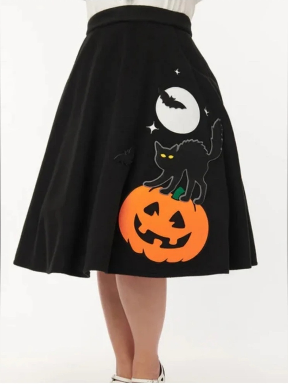 Unique Vintage Black Halloween A-Line Skirt with Jack-O'-Lantern & Cat 🎃 🌕 🦇